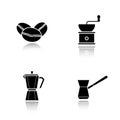 Coffee brewing equipment. Drop shadow black icons set