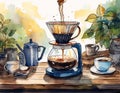 Coffee brewing in a glass pot, with cups and a kettle nearby Royalty Free Stock Photo