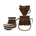 Coffee brewing methods, drip brew turkish and cup silhouette icon style