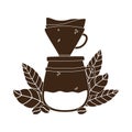 Coffee brewing methods, drip maker coffee grains and leaves silhouette icon style