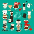 Coffee brewing methods illustration set. Collection of vector coffee makers, syphon, coffee cups, pots and kettles