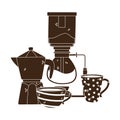 Coffee brewing methods, pour over moka pot and coffee cups silhouette icon style