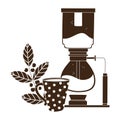 Coffee brewing methods, syphon and coffee cup branch seeds silhouette icon style