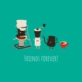 Coffee brewing methods, syphon, coffee mill, coffee kettle, red cup of coffee, funny image