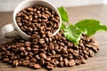 Coffee brown bean medium roasted with fresh green leaf