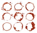 Coffee brown stains. Dirty cup splash ring stain or coffee stamp, dirt watercolor latte or tea spots. Coffee ring stain