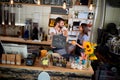 Coffee business concept.owner of a cafe showing open sign Royalty Free Stock Photo