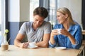 Coffee, cafe or happy couple laughing on date talking or speaking of anniversary on holiday vacation. Tea drink, woman Royalty Free Stock Photo