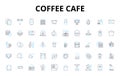 Coffee cafe linear icons set. Espresso, Latte, Cappuccino, Macchiato, Frappuccino, Americano, Mocha vector symbols and