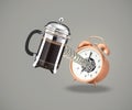 Coffee cafetiere coming out of alarm clock