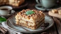 Coffee Cake Kugel Delicious slice of cinnamon walnut coffee cake on rustic plate with mint garnish Royalty Free Stock Photo