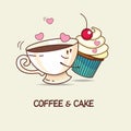 Coffee and cake, love forever. Coffee and cake hug. Comic, cartoon. Vector illustration.