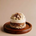 Coffee cake with whipped cream and chocolate on a wooden plate, pastry gourmet, delicious bakery, generative ai