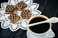 Table setting with cookies with chocolate and coffee drink. Royalty Free Stock Photo