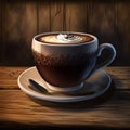 Coffee cappuccino in ceramic cup on wooden table. Put it in a saucer and a spoon is placed on the side Royalty Free Stock Photo