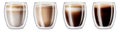 Coffee, cappuccino and latte in transparent glasses with a double bottom on a transparent background