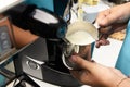 Coffee cappuccino. Preparation of drink. Work barista