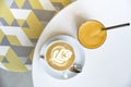 Coffee Cappucino and Orange Juice on white table Royalty Free Stock Photo