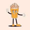 Coffee caramel frappuccino character in groovy style. Vintage funny coffee glassful. Cartoon vector illustration.