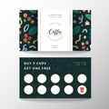 Coffee card, loyalty card for coffee shop with place for collecting stamps, vector template with logo and doodle