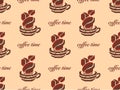 Coffee cartoon character seamless pattern on brown background.Pixel style Royalty Free Stock Photo