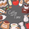 Coffee cartoon frame objects vector illustration. Beverage mug, cup of espresso, bag of coffee beans and coffee making Royalty Free Stock Photo