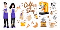 Coffee Cartoon Items Set On White Background. Flat Style Vector Illustration Of Male And Female Barista Characters In