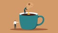 Coffee Cascade A tiny human depicted with exaggerated features is perched precariously on the edge of a giant coffee mug Royalty Free Stock Photo