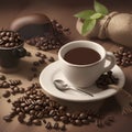 Coffee chalk concept on wooden background - white coffee cup, top view on a wooden table, coffee beans with sack bag, morning, Royalty Free Stock Photo