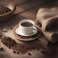 Coffee chalk concept on wooden background - white coffee cup, top view on a wooden table, coffee beans with sack bag, morning, Royalty Free Stock Photo