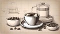 Coffee Charisma: An Architectural Charcoal Sketch, Expressive Lines, Warm Still Life with Aroma and Flavor Symphony