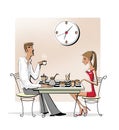 Coffee chess. Young woman and man drinking coffee at a chessboard. Business break.