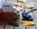 Coffee, chocolate, autumn leaves.