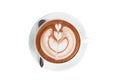 Coffee or chocolate latte art in white cup isolate on white background with clipping path.hot drink coffee with milk froth for Royalty Free Stock Photo