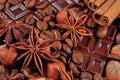 Coffee, chocolate, star anise, hazelnuts and cinnamon sticks clo Royalty Free Stock Photo