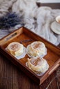 Coffee, cinnabon and lavender. Royalty Free Stock Photo