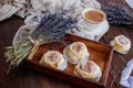 Coffee, cinnabon and lavender. Royalty Free Stock Photo