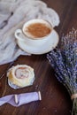 Coffee, cinnabon and lavender. Royalty Free Stock Photo