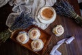 Coffee, cinnabon and lavender. Royalty Free Stock Photo