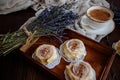 Coffee, cinnabon and lavender. Royalty Free Stock Photo