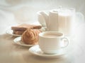 coffee and cinnamon roll, toast, milk, for breakfast. Royalty Free Stock Photo