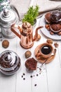 Coffee in clay cup with chocolate muffin Royalty Free Stock Photo