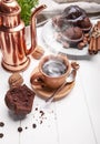 Coffee in clay cup with chocolate muffin Royalty Free Stock Photo