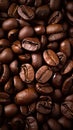 Coffee with a close-up view of dark, roasted coffee beans. This macro shot highlights the rich aroma, texture