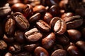 Coffee with a close-up view of dark, roasted coffee beans. This macro shot highlights the rich aroma, texture Royalty Free Stock Photo