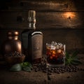 Coffee cocktail, Black Russian, liquor in glass with coffee beans on a wooden background, dark image