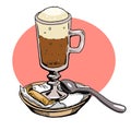 Coffee and cocoa in glass with a tube, a spoon, sugar. Vector