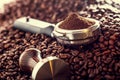 Coffee.Coffee beans. Coffee beans and portafilter. Toned image Royalty Free Stock Photo