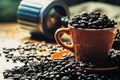 Coffee. Coffee cup full of coffee beans, coffee grinder in the background Royalty Free Stock Photo