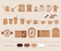 Coffee, coffee shop and cafe collection of illustrations. Coffee beans, plants, cups, coffeepot, package, grinder Royalty Free Stock Photo